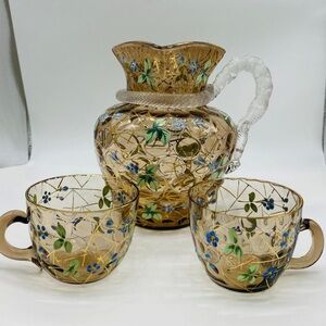 c.1880 BOHEMIAN HARRACH Gold Pitcher Set w/ Hand Painted Floral Enamel